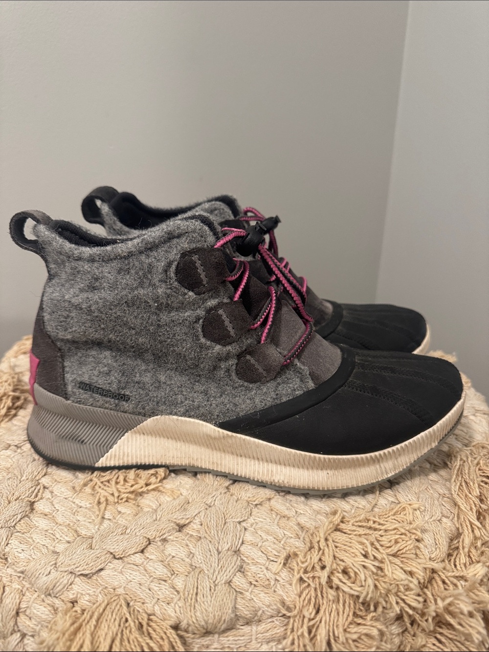 Sorel Kids Grey and Black Waterproof Winter Boots with Pink Accents